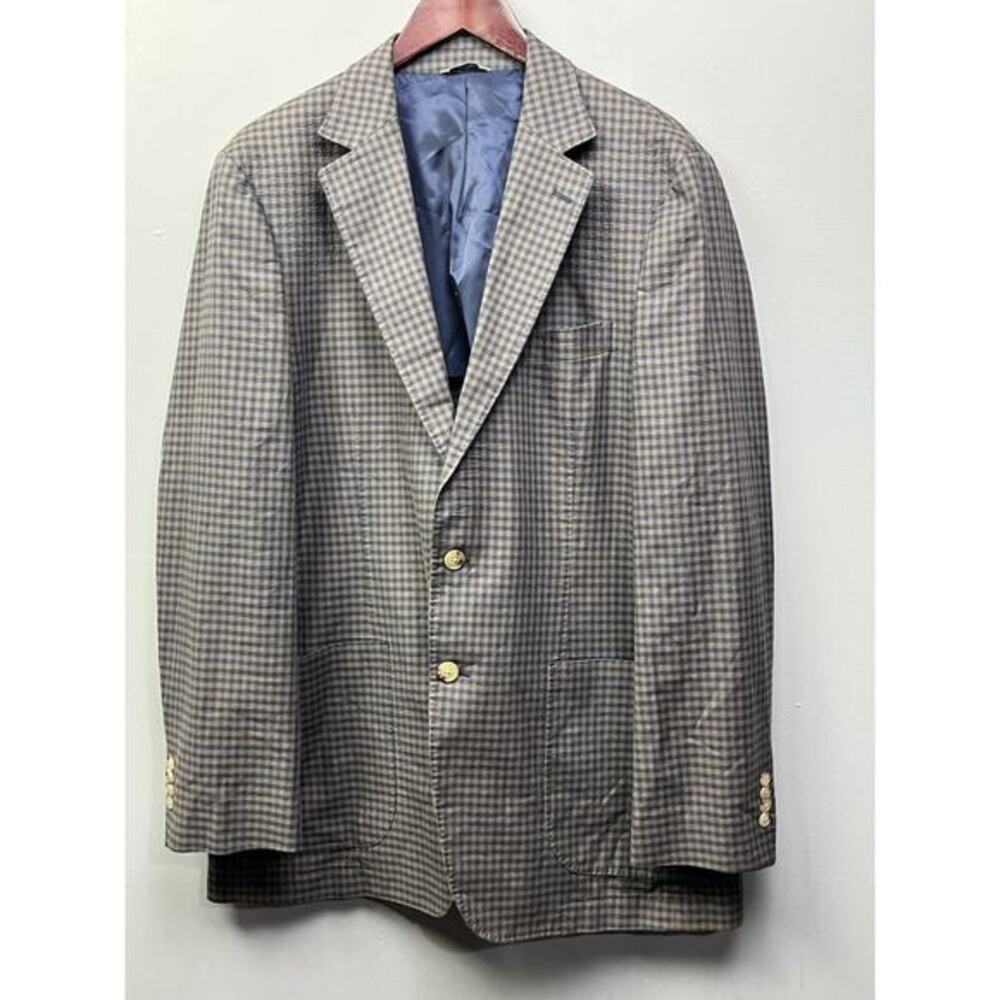 Thomas Dean Blazer Sport Coat Mens Large Plaid two button blue tan 44R Casual